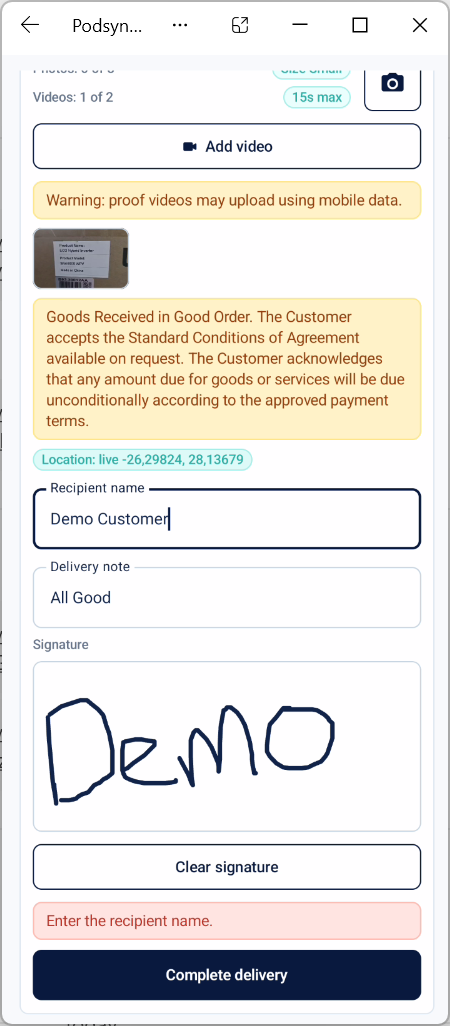 PODsync Driver showing customer recipient details and signature capture.