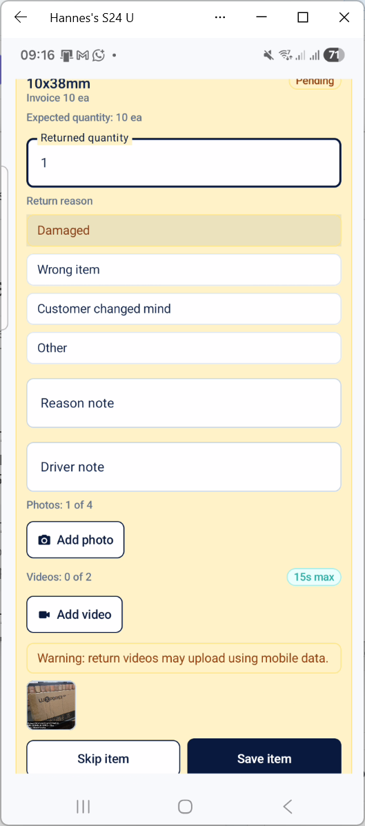 PODsync Driver showing return reason choices and notes for a returned item.